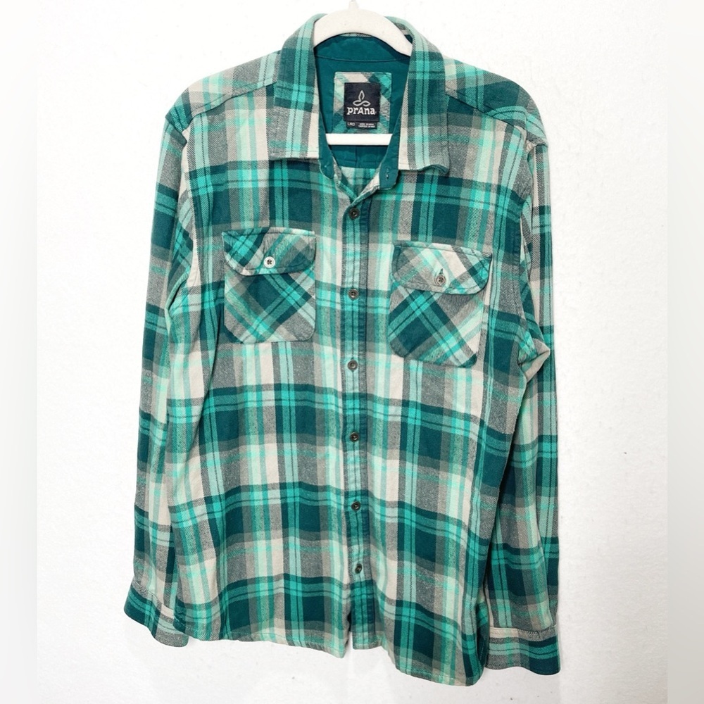 Prana Lybeck Flannel Teal Green Plaid Button Front Long Sleeve Organic Cotton L